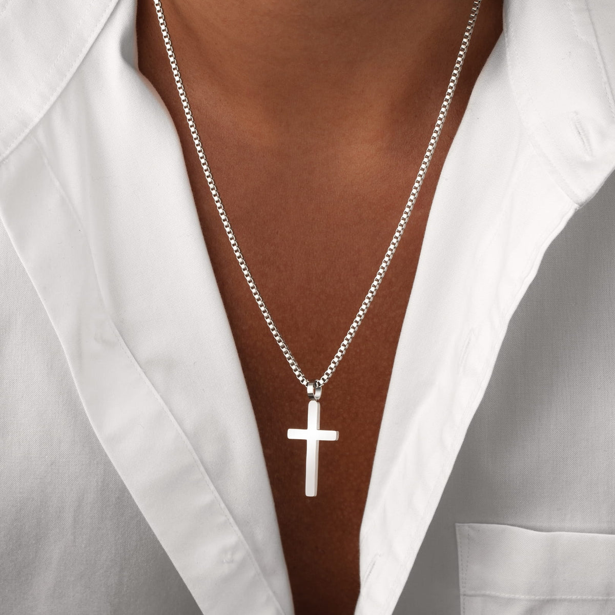 Classic Cross & Box Chain - silver cross pendant necklace sleek
