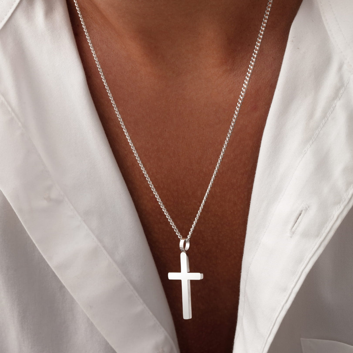 Classic Cross & Curb Chain - silver cross pendant necklace sleek