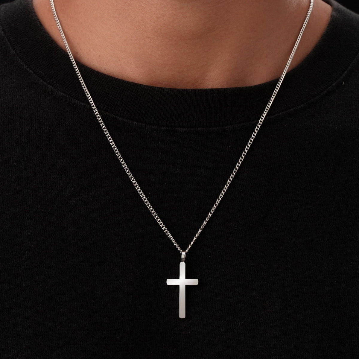 Classic Cross & Curb Chain - silver cross pendant necklace sleek