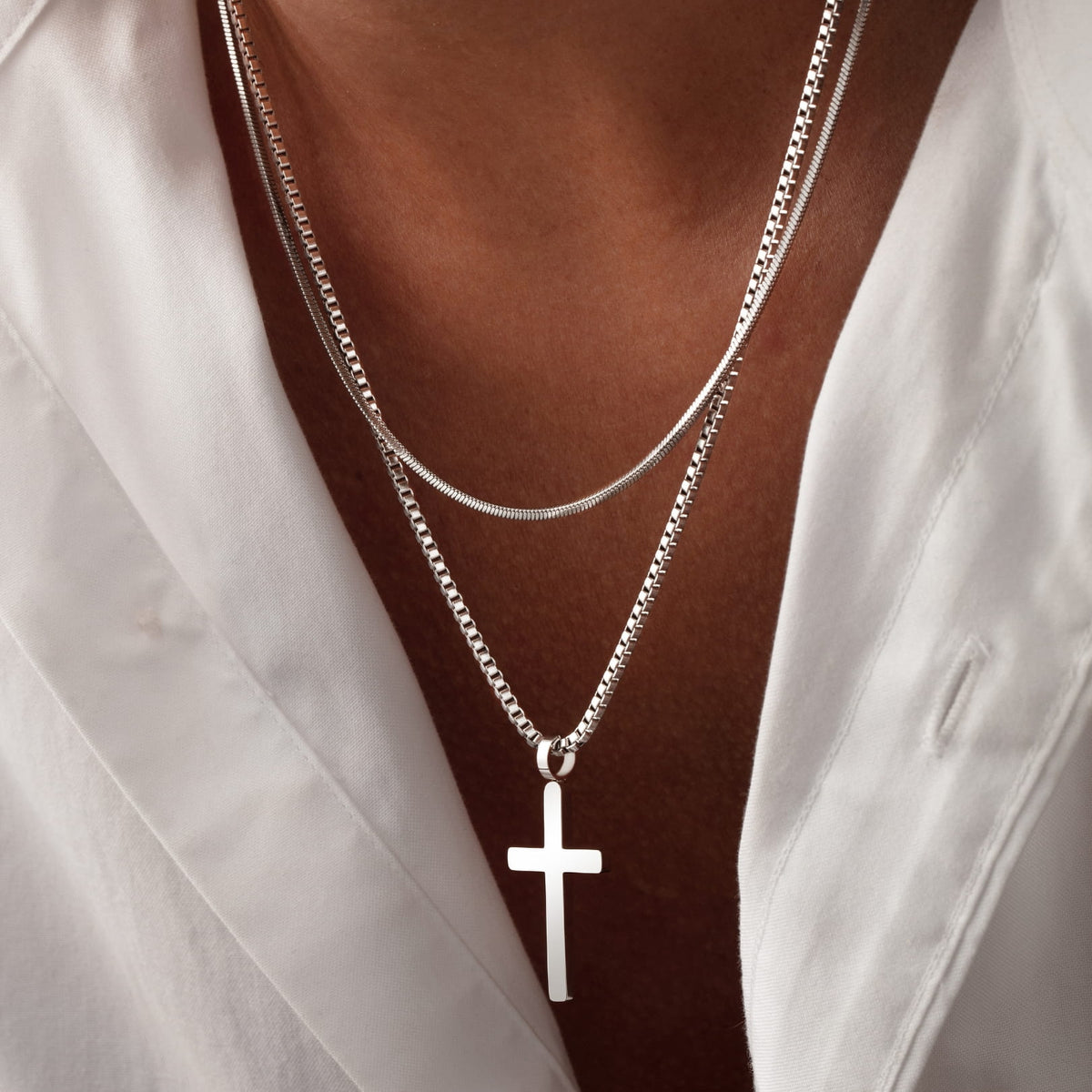 Classic Cross Necklace Duo - silver cross pendant layered chain