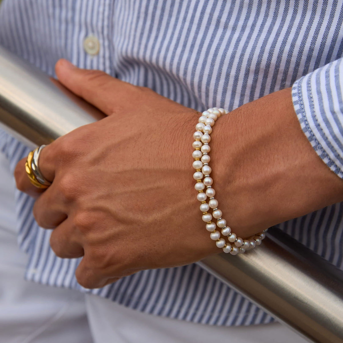 Classic Pearl Bracelet - double-strand pearl bracelet gold-toned spacers