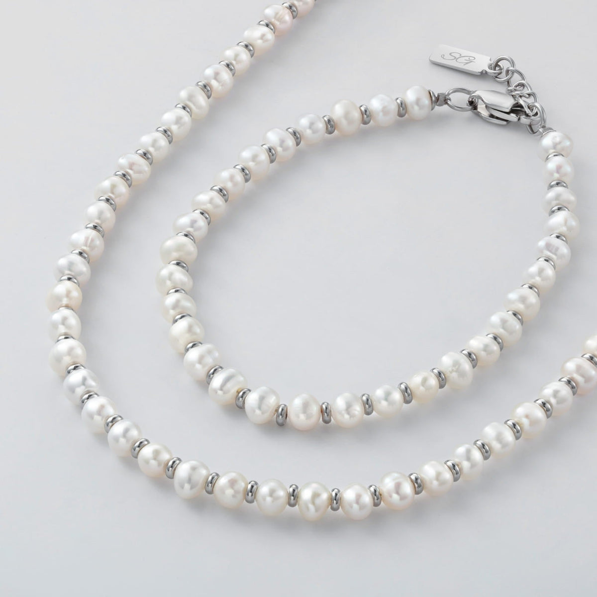 Classic Pearl Set - Silver - white freshwater pearl necklace silver-toned