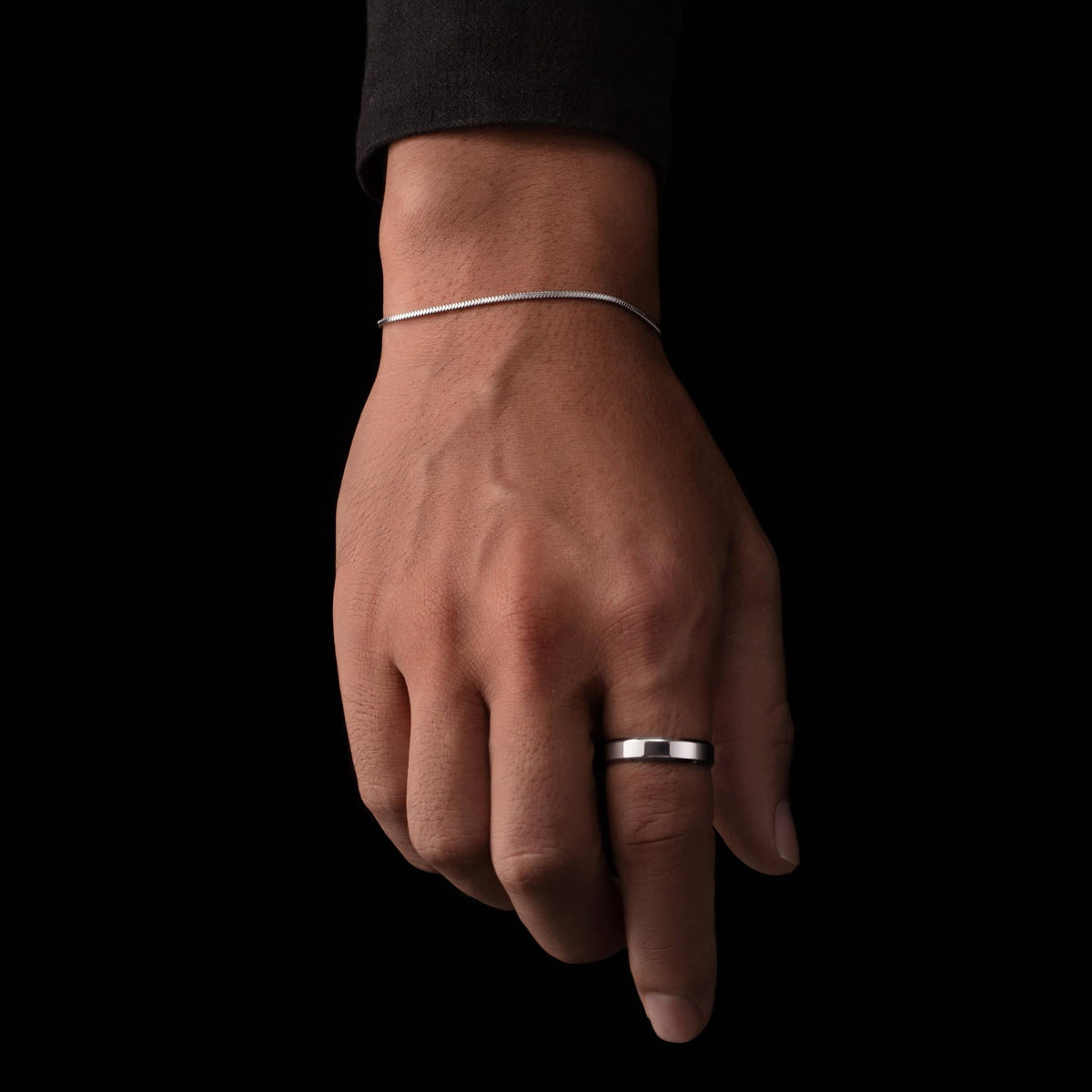 Classic Unisize Ring - silver snake chain bracelet worn
