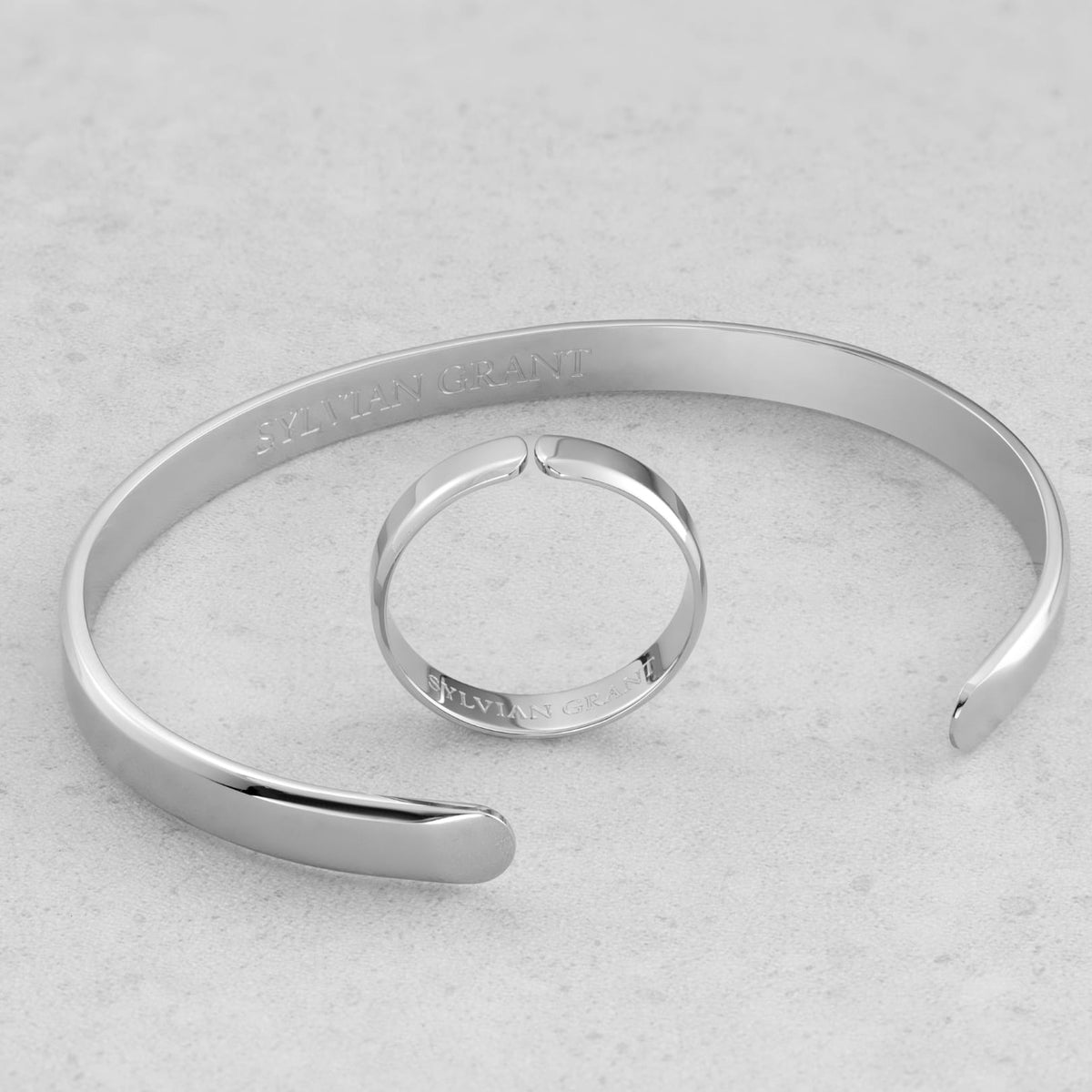 Classic Unisize Set - silver-toned open cuff bracelet ring