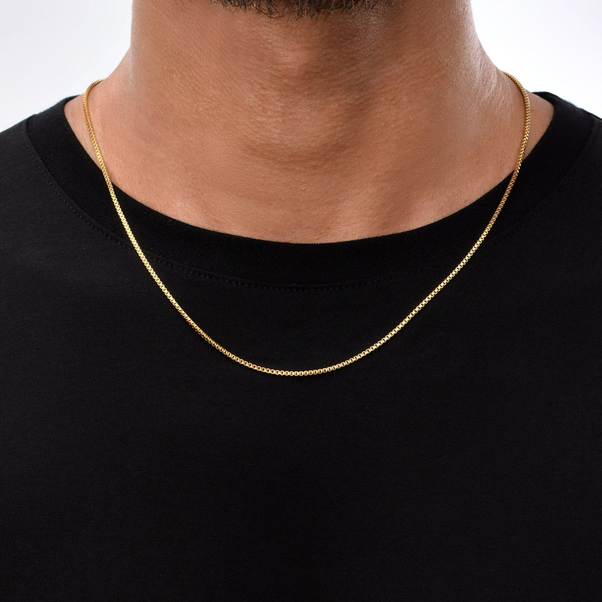 Minimal Box Chain - gold-colored box chain necklace worn