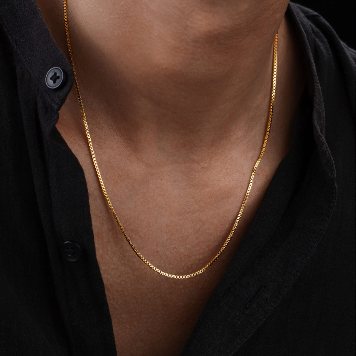 Minimal Box Chain - gold-colored box chain necklace worn