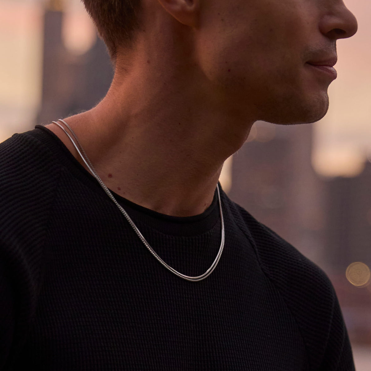 Minimal Box Chain - silver snake chain necklace worn