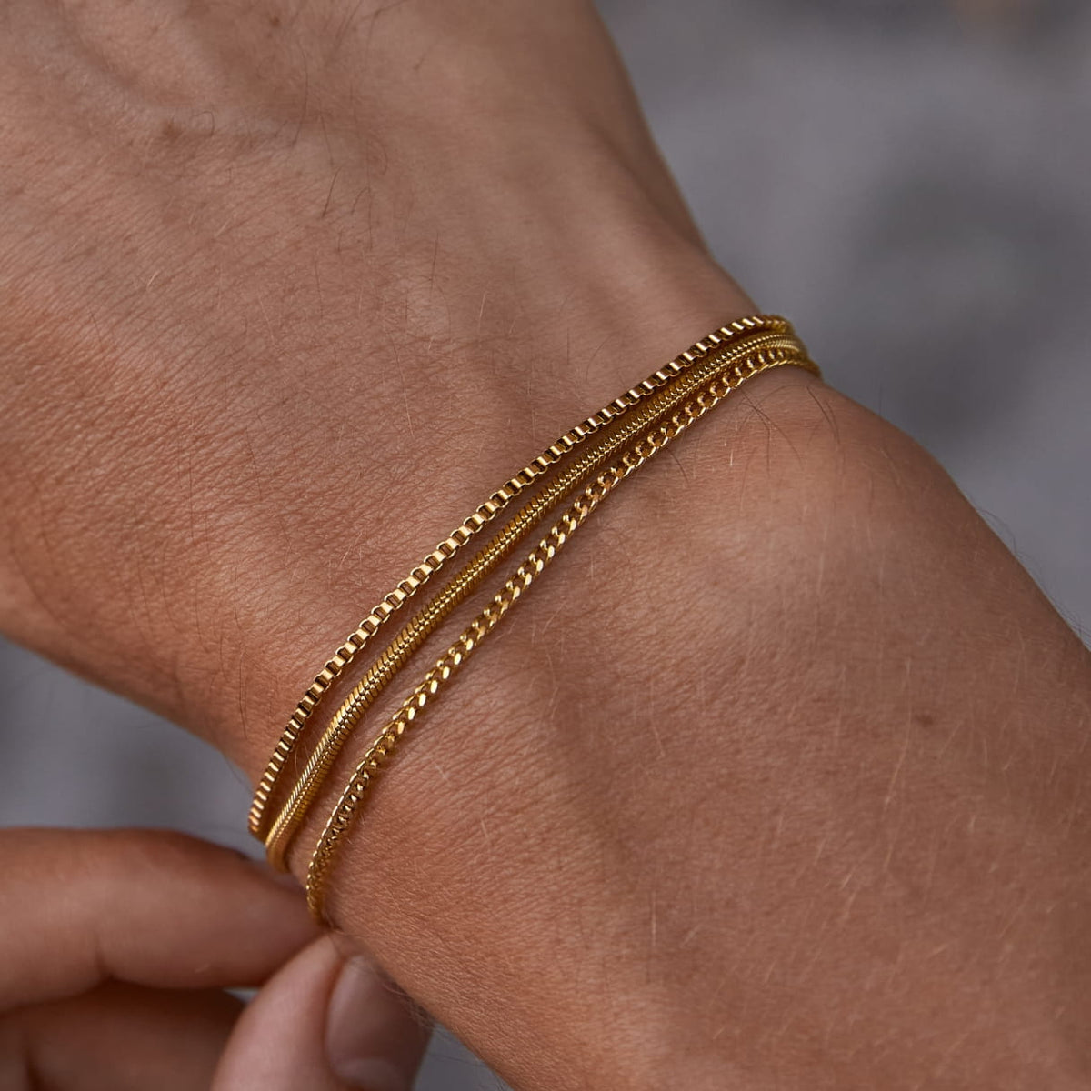 Minimal Bracelet Stack - gold-toned layered chain bracelet textured