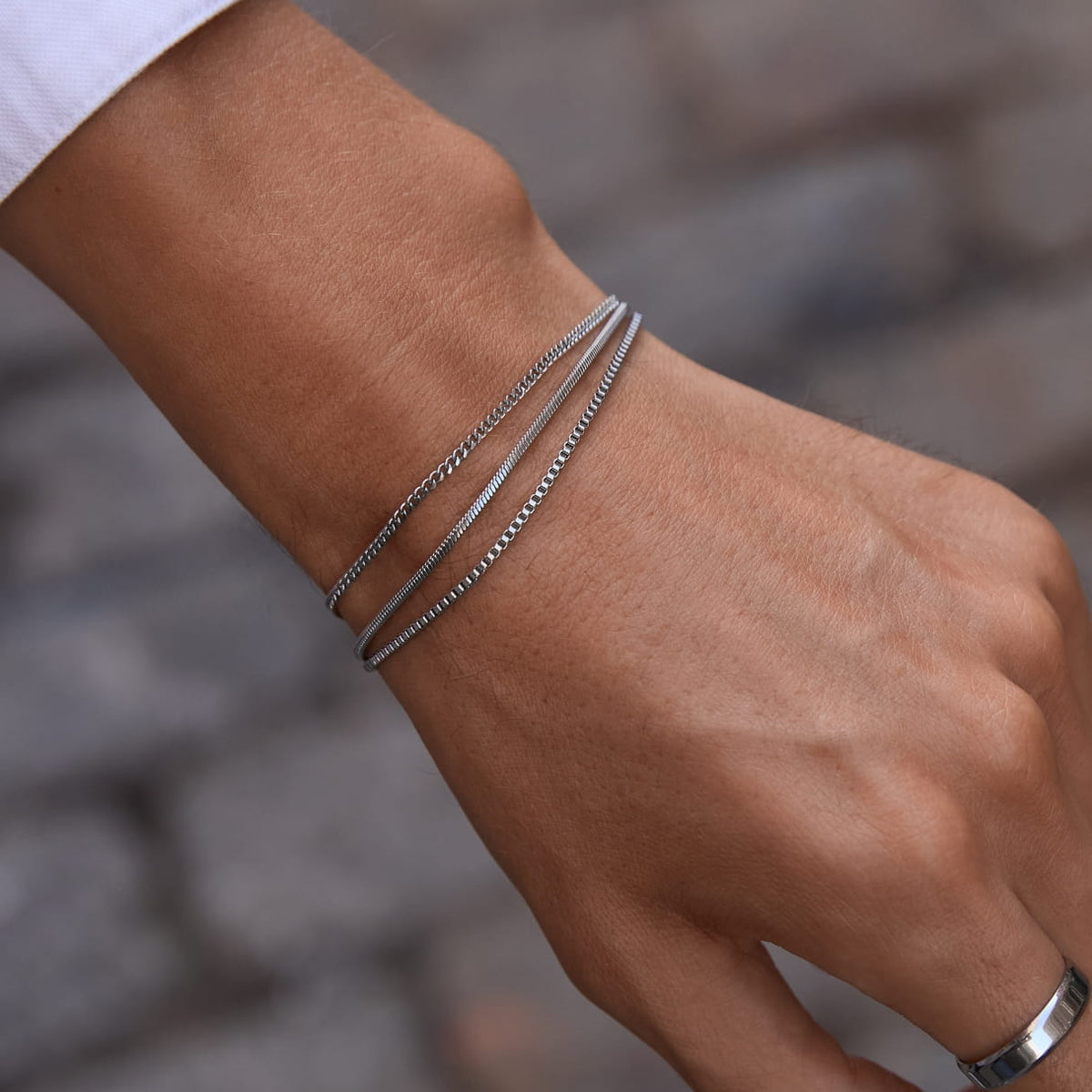 Minimal Bracelet Stack - silver-toned multi-strand bracelet combination snake