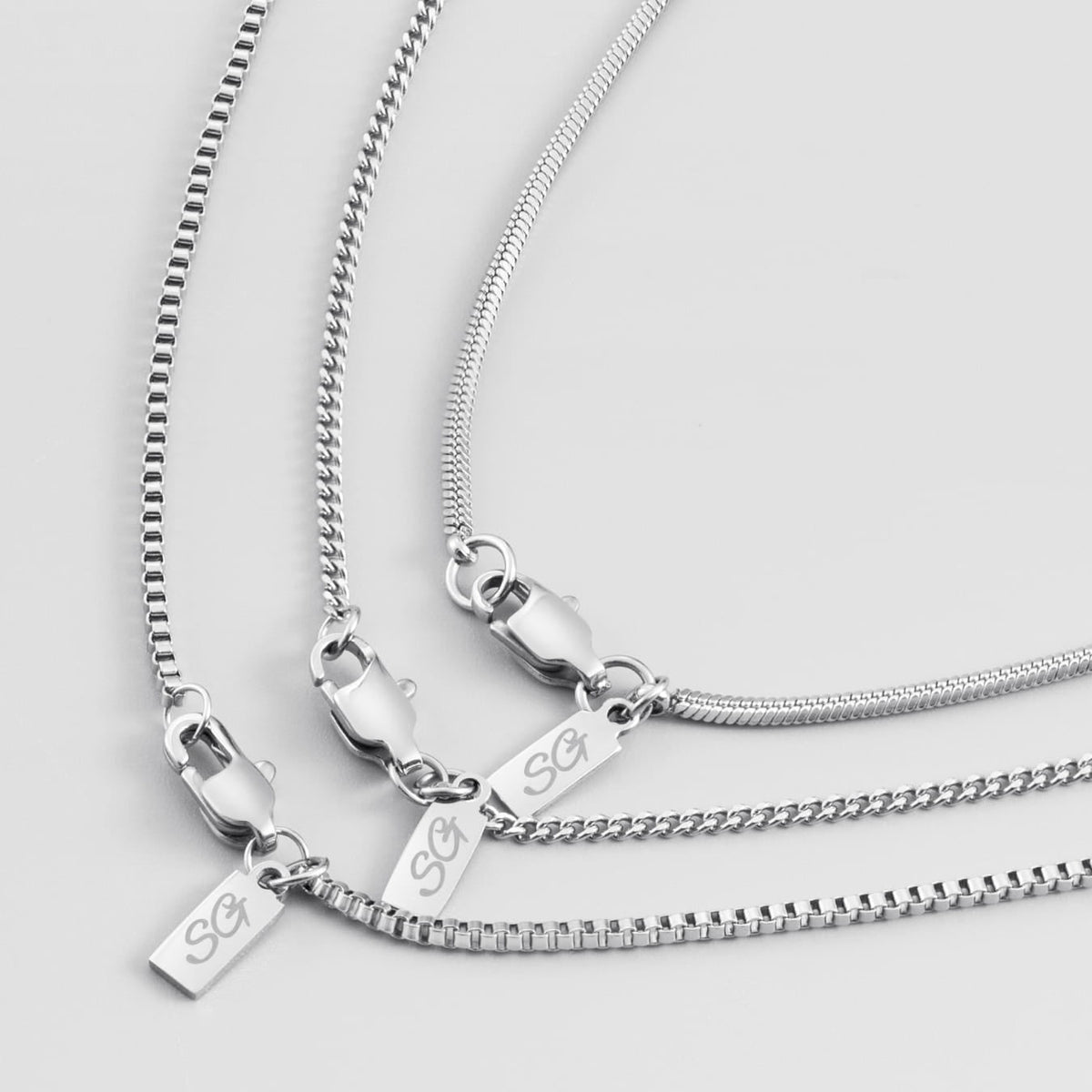 Minimal Chain Stack - Silver - three silver-toned necklaces chain styles