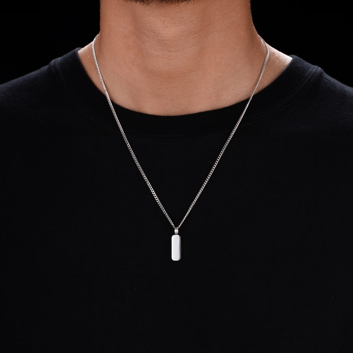 Minimal Pendant & Curb Chain - silver rectangular dog tag pendant