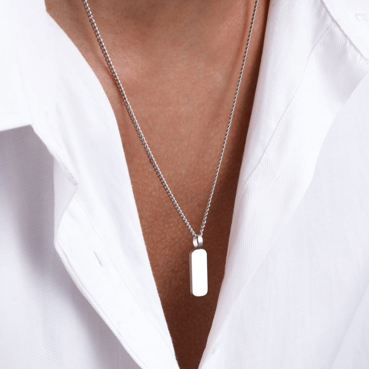 Minimal Pendant & Curb Chain - silver rectangular dog tag pendant