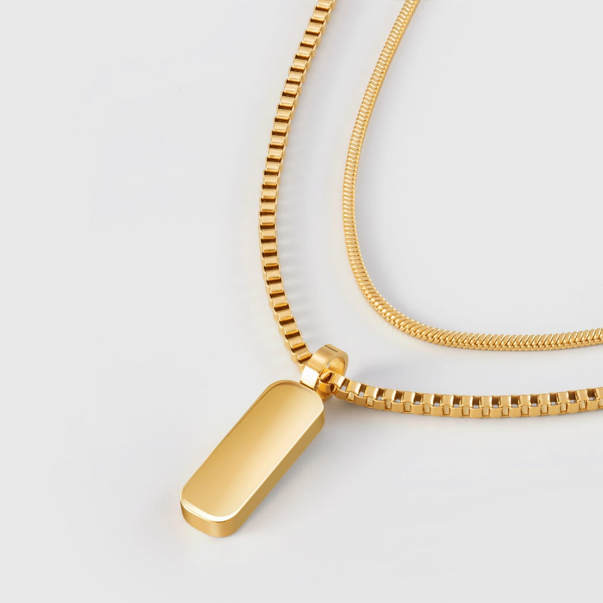 Minimal Pendant Necklace Duo - Gold - gold-toned rectangular dog tag pendant