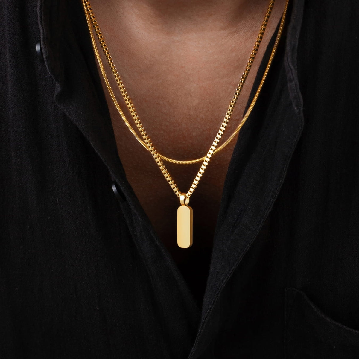 Minimal Pendant Necklace Duo - gold-toned rectangular dog tag pendant