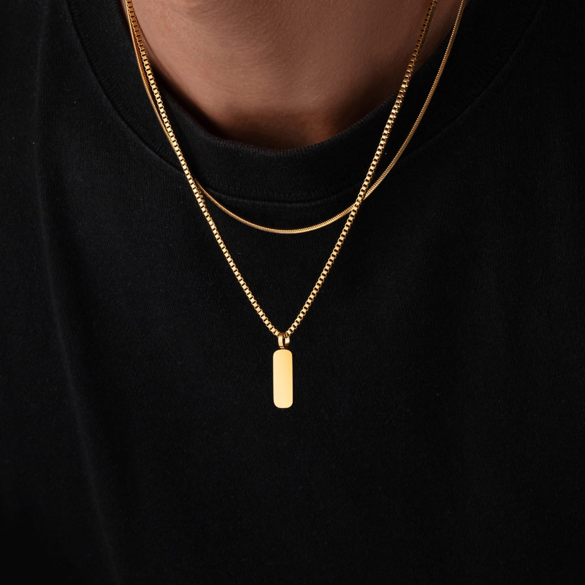 Minimal Pendant Necklace Duo - gold-toned rectangular dog tag pendant