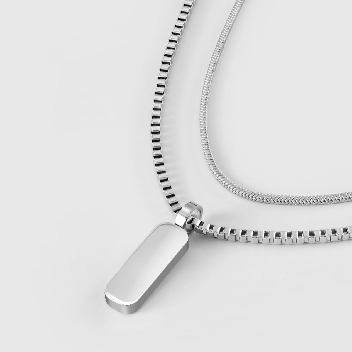 Minimal Pendant Necklace Duo - Silver - silver rectangular dog tag pendant