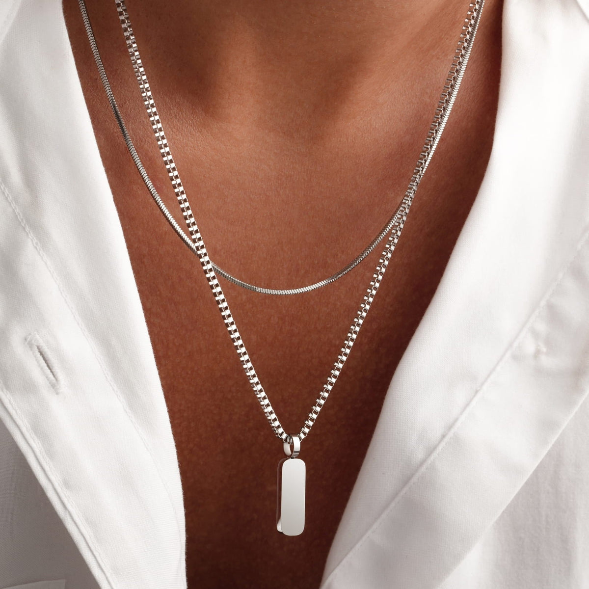 Minimal Pendant Necklace Duo - silver rectangular dog tag pendant