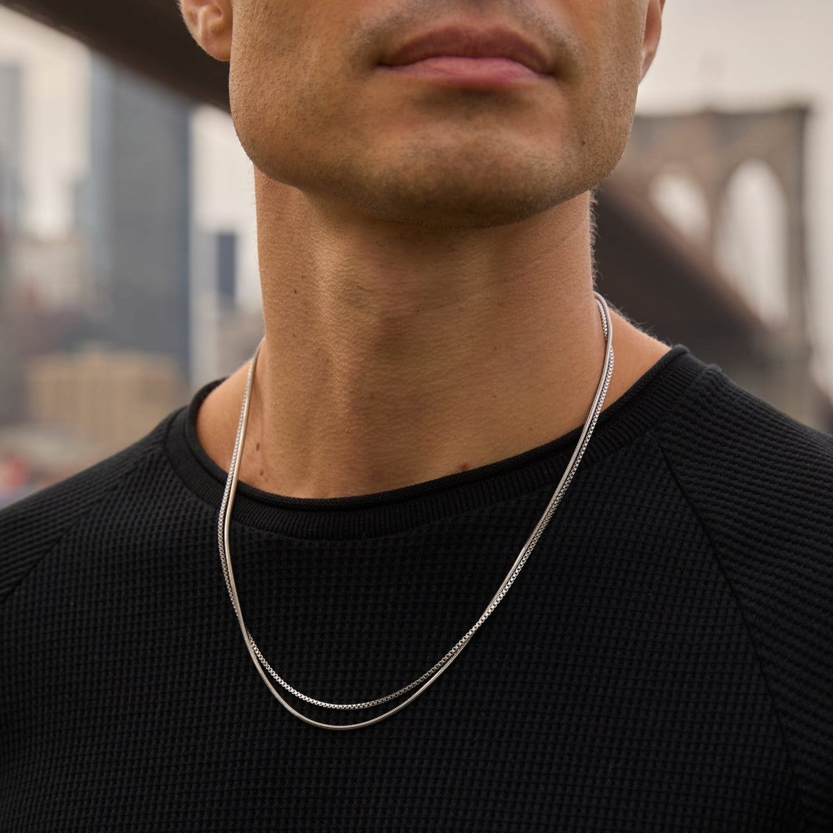 Minimal Square Chain - silver snake chain necklace worn