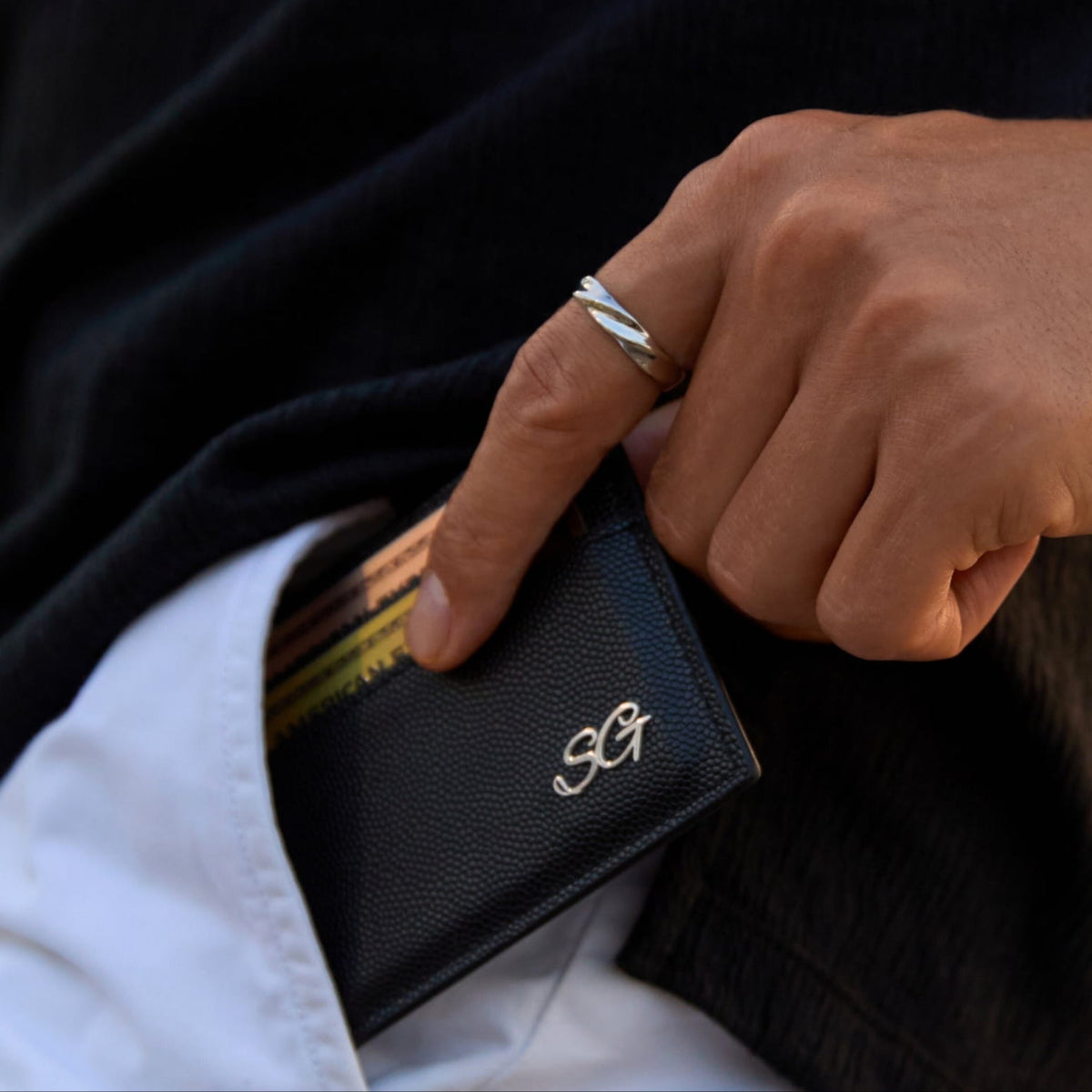 Minimal Wallet - Midnight Black - black leather wallet silver monogram