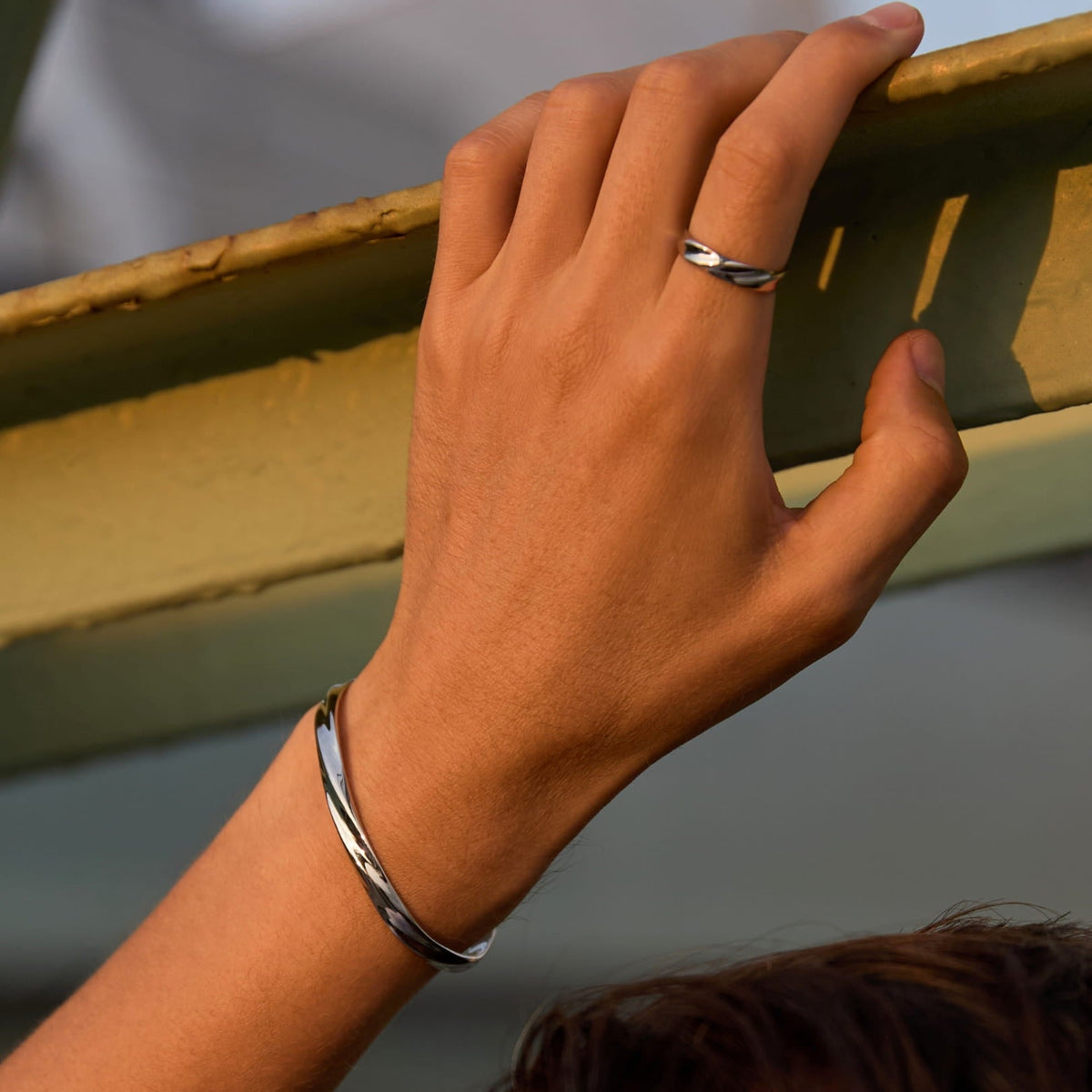 Twisted Unisize Cuff - silver twisted bangle bracelet worn